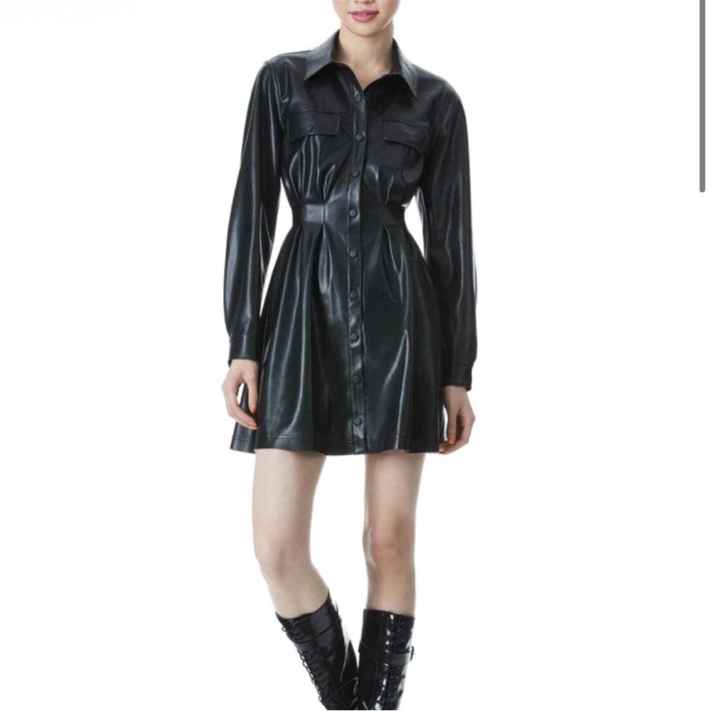Alice + Olivia Women's Black Malina Gathered Waist Vegan Leather Dress Sz Small